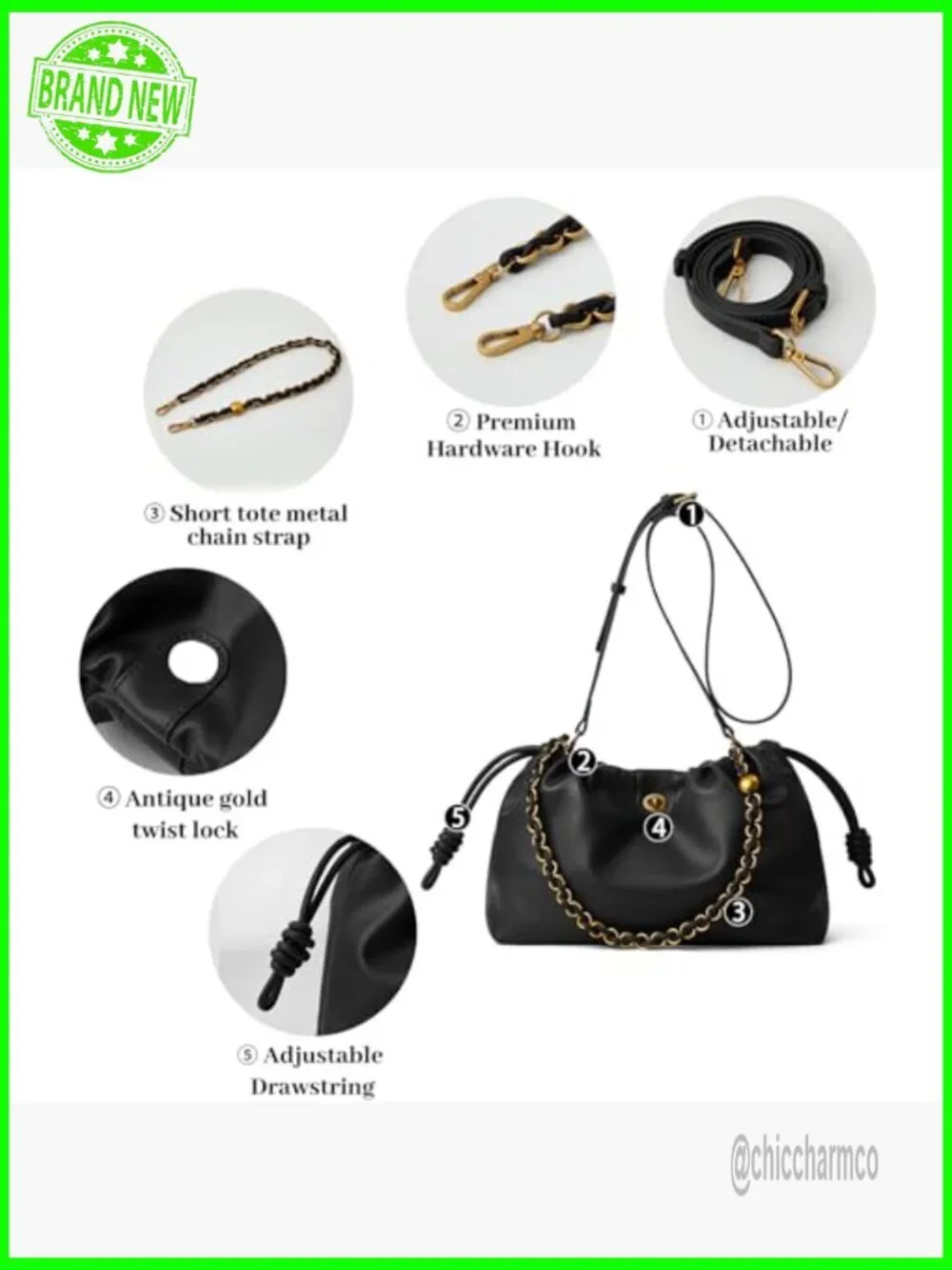 Vegan PU Bucket Hobo Purse with Detachable Straps, 12x8x4 Inches